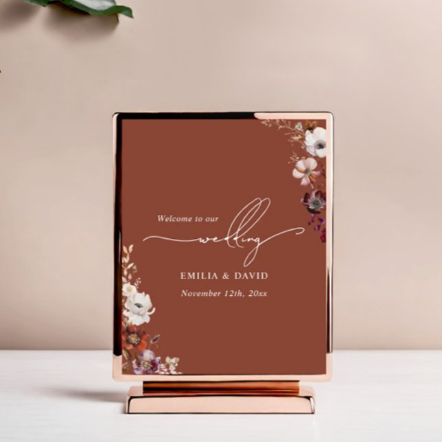 Poster Casamento de Autumn Floral Dark Terracotta Calliog (Criador carregado)
