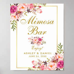 Poster Casamento de Bar Mimosa Dourado Rosa Floral