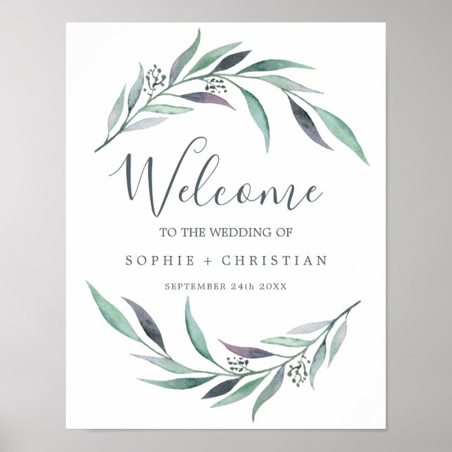 Poster Casamento de Boas-vindas a Eucalyptus Roxo e Verde (Frente)