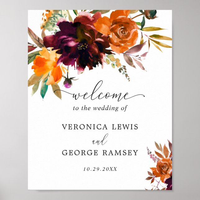 Poster Casamento de Boas-vindas à Queda Floral Laranja Qu (Frente)