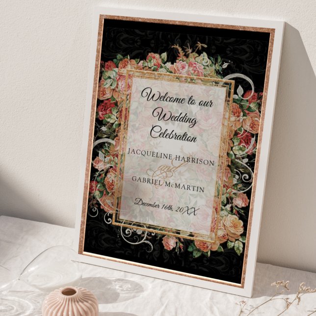 Poster Casamento de boas-vindas ao Blush Negro Floral Ros (Criador carregado)