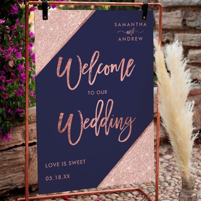 Poster Casamento de boas-vindas com rosa de ouro moderno  (Modern rose gold glitter navy blue welcome wedding poster)