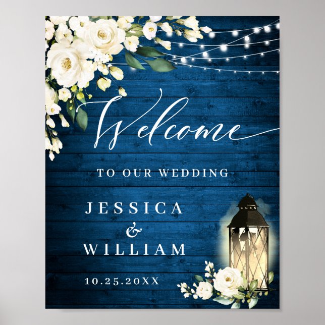 Poster Casamento de Boas-Vindas de Rosas Brancas Lanterna (Frente)