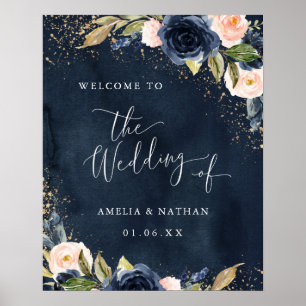 Poster Casamento de Boas-vindas do Marinho Sparkle Floral