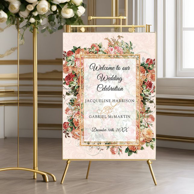 Poster Casamento de Boas-vindas Dourado com Blush Rosa Fl (Criador carregado)