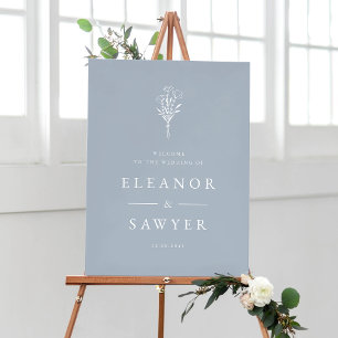 Poster Casamento de Buquê Floral Minimalista Dusty Blue
