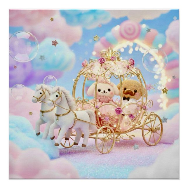 Póster Casamento de Cachorrinho Fofo Carruagem de Conto d (Frente)