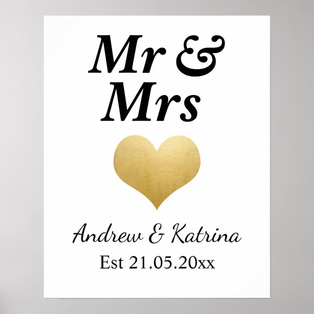 Poster Casamento de Coração de Folha de Ouro Moderno | Sr (Frente)
