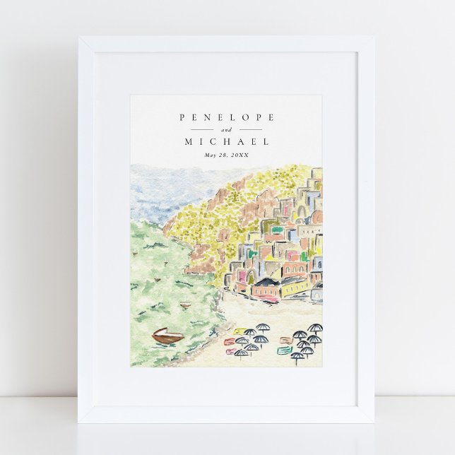 Poster Casamento de Destino Positano Itália em Aquarela (Criador carregado)