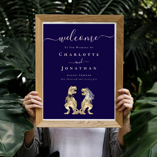 Poster Casamento de Dinossauro Bem-vindo Azul Marinho Ros