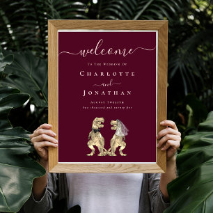 Poster Casamento de Dinossauro Bem-vindo Vinho Borgonha B