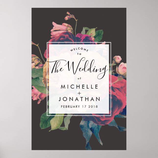 Poster Casamento de Fete Botânico Rosa Escuro (Frente)
