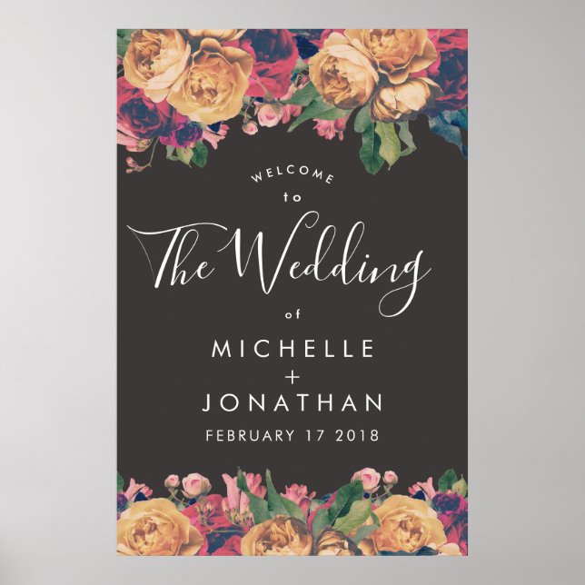 Poster Casamento de Fete Botânico Rosa Escuro (Frente)