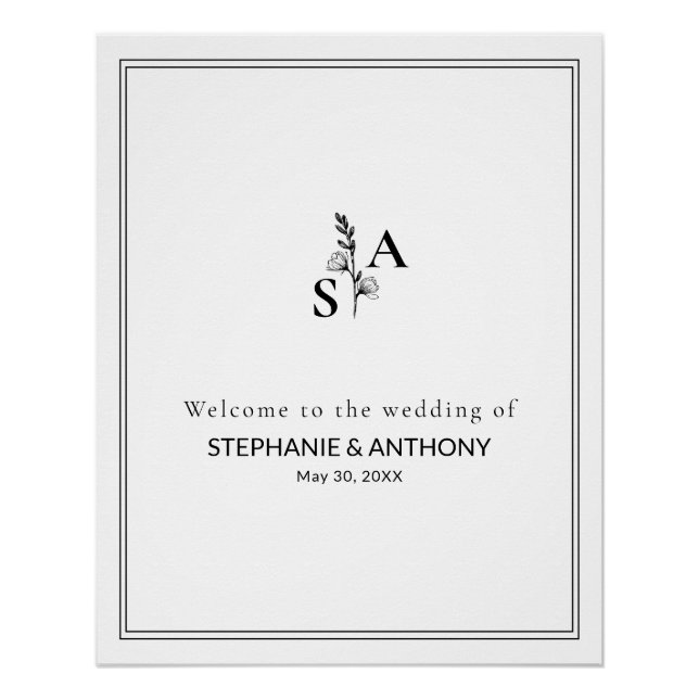 Póster Casamento de flor selvagem Mínimo BW Monograma (Frente)