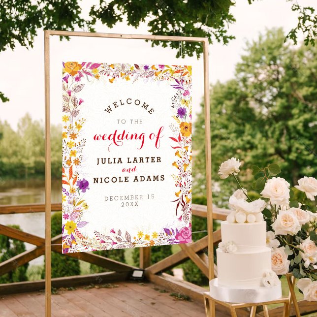Poster Casamento de Flor Silvestre Boho Laranja Roxo (Criador carregado)