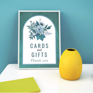 Poster Casamento de flores azuis e de folhas de chá e aqu