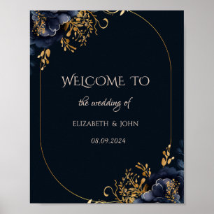 Poster Casamento de Flores Azuis Elegantes Marinho