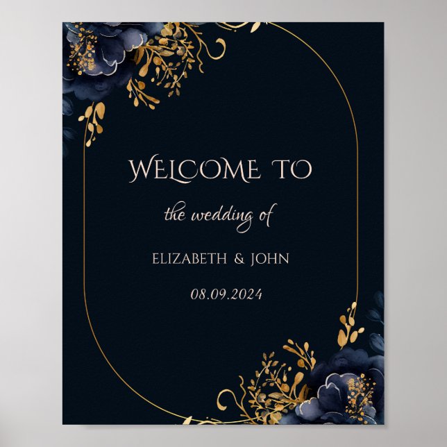 Poster Casamento de Flores Azuis Elegantes Marinho (Frente)