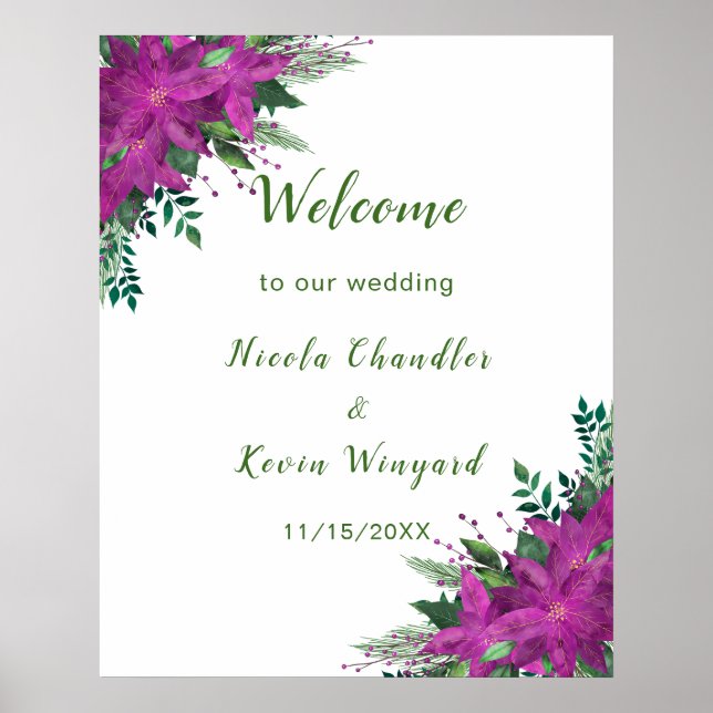 Poster Casamento de Flores de Poinsettia Roxo de Natal (Frente)