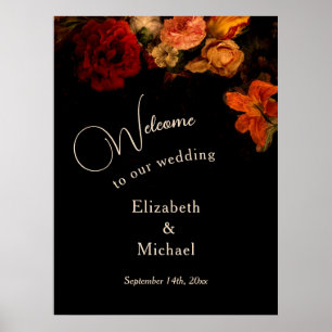 Poster Casamento de Flores Pintadas Dark Romantic Bem-vin