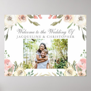 Poster Casamento de Foto Floral Cor-de-Rosa-Blush
