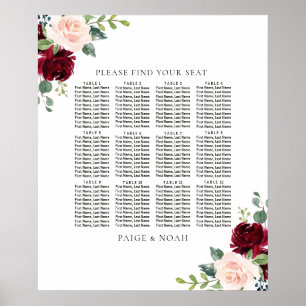 Poster Casamento de Gráficos Florais de Mesas Blush Burgu