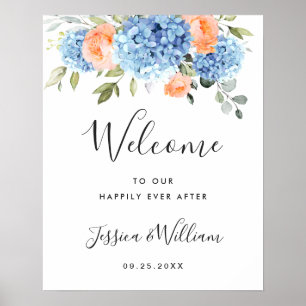 Poster Casamento de Hortênsias Azuis Elegantes com Rosas 