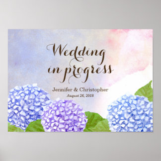 Poster Casamento de Hydrangea Azul Watercolor em Andament