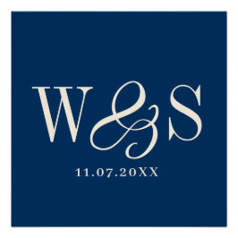 Póster Casamento de iniciais azuis do casal Elegante