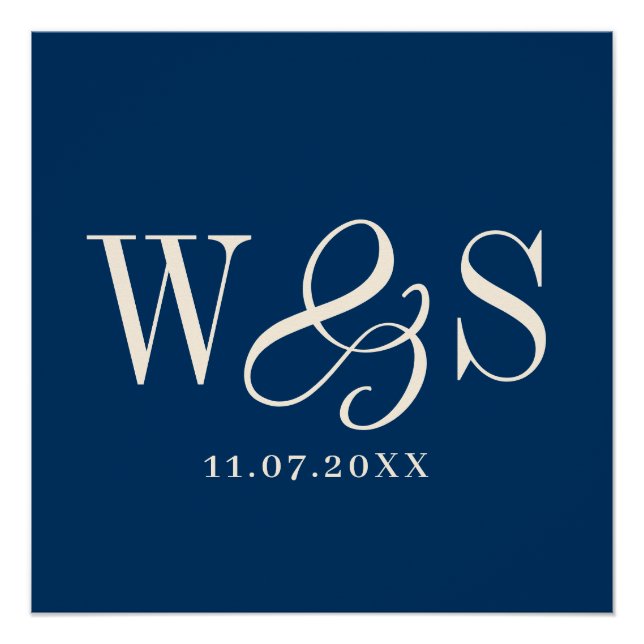 Póster Casamento de iniciais azuis do casal Elegante (Frente)