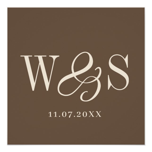 Póster Casamento de iniciais de casal marrom-quente elega (Frente)