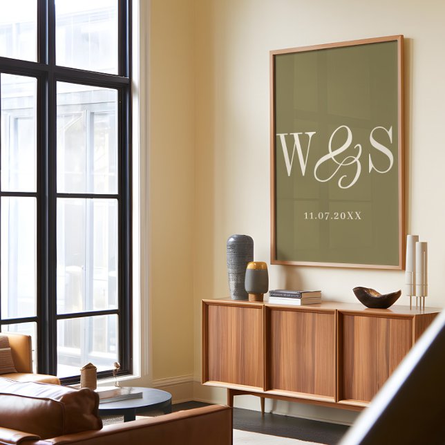 Poster Casamento de iniciais de casal verde-azeitona eleg (Criador carregado)