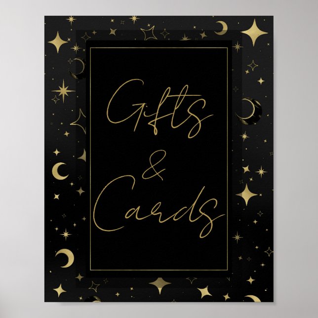 Poster Casamento de Lua Celestial Estrelas Preto e Dourad (Frente)