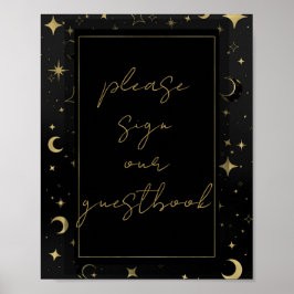 Poster Casamento de Lua Celestial Estrelas Preto e Dourad