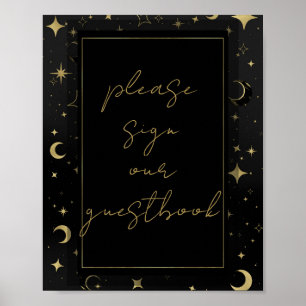 Poster Casamento de Lua Celestial Estrelas Preto e Dourad
