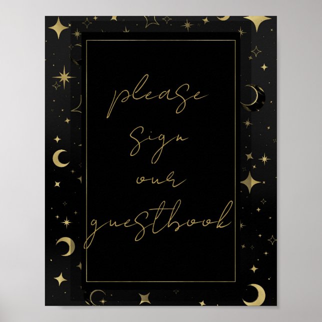 Poster Casamento de Lua Celestial Estrelas Preto e Dourad (Frente)