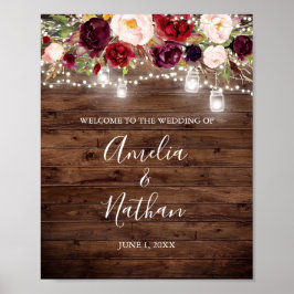 Poster Casamento de Luzes Florais Rustic Wood Burgundy