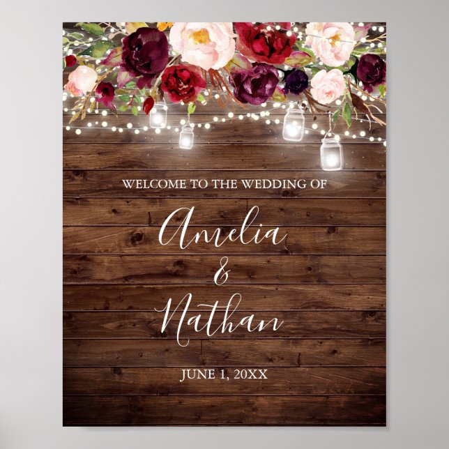 Poster Casamento de Luzes Florais Rustic Wood Burgundy (Frente)