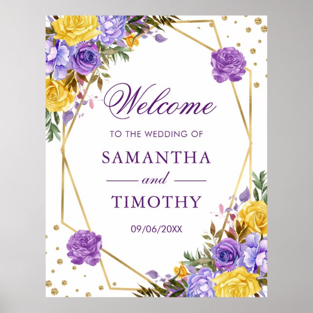 Poster Casamento de Moldura Dourada de Flores de Primaver (Frente)