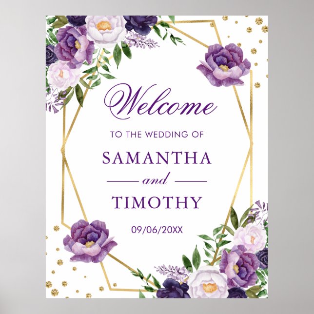 Poster Casamento de Moldura Dourada de Flores de Verão em (Frente)