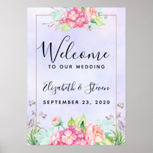 Poster Casamento de Moldura Floral de Cor de Água Rosa M