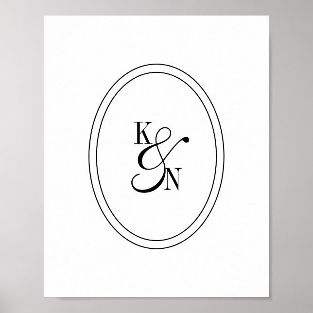 Poster Casamento de Monograma Inicial Preto e Branco Mode (Frente)