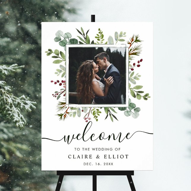 Poster Casamento de Natal Botânico Bem-vindo Foto Verde (Criador carregado)