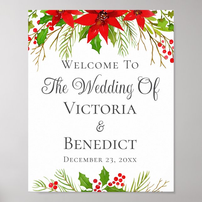 Poster Casamento de Natal Festivo Poinsettia Personalizad (Frente)