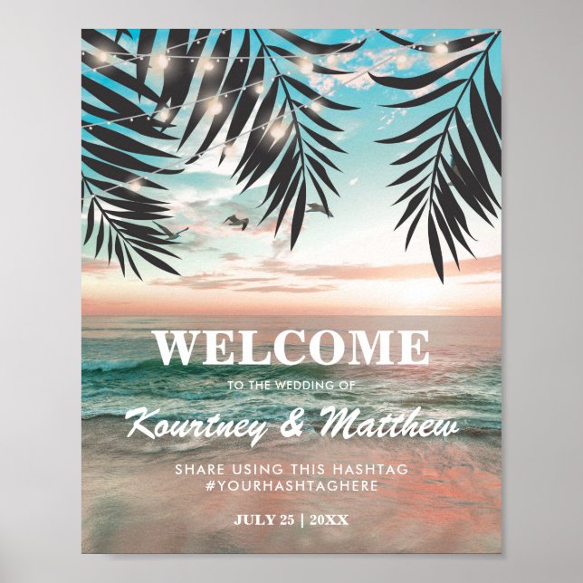 Poster Casamento de praia tropical | String de luzes (Frente)