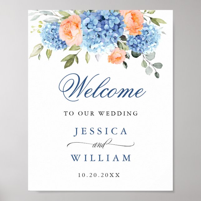 Poster Casamento de Rosas Blush de Hydrangea Azul Elegant (Frente)