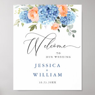 Poster Casamento de Rosas Blush de Hydrangea Azul Elegant