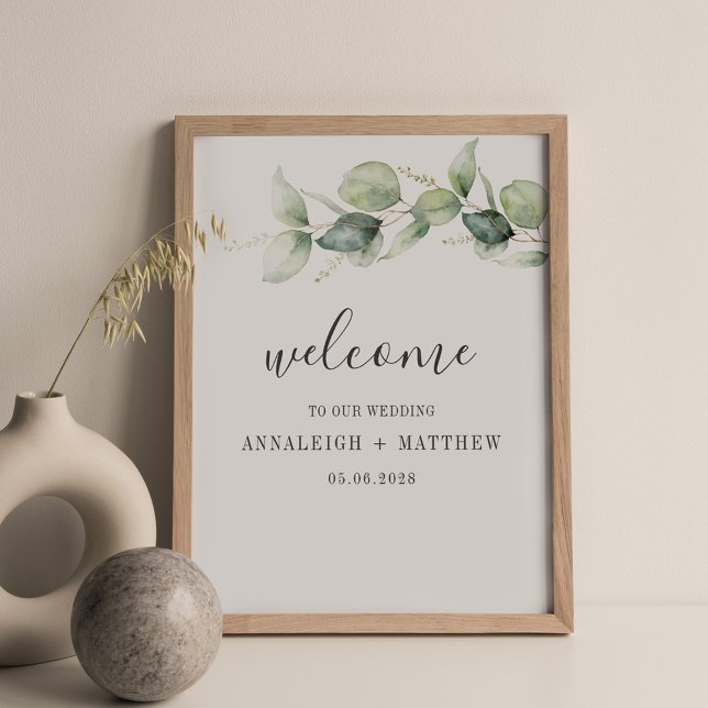 Poster Casamento de Script de Saída de Eucalyptus Minimal (Eucalyptus Wedding Welcome Sign)