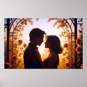 Poster Casamento de Silhueta Romântica e Sunset casal Lov