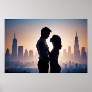 Poster Casamento de Silhueta Romântica e Sunset casal Lov